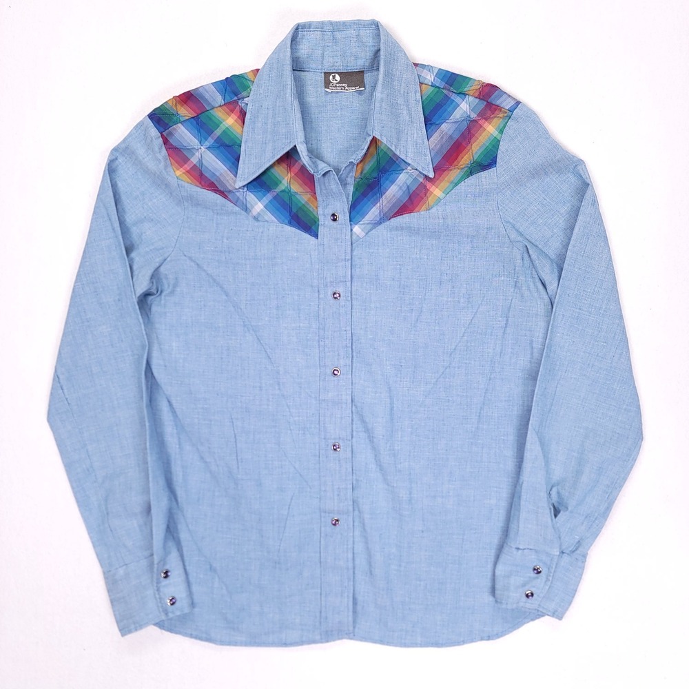 Vintage JCPenney Western Apparel Rainbow Plaid Quilted Yoke Pearl Snap Shirt
